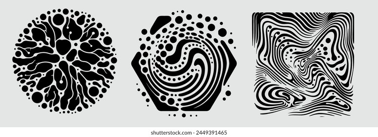 Set of different shapes with psychedelic trippy pattern resembling ink blots and stains. Perfect for science and technology subject illustrations.