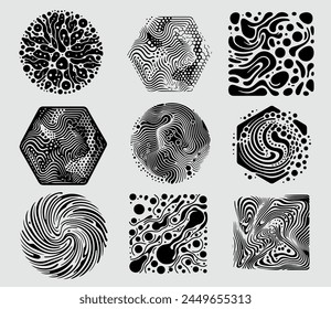 Set of different shapes with psychedelic trippy pattern resembling ink blots and stains. Perfect for science and technology subject illustrations.