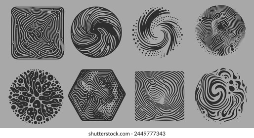 Set of different shapes with psychedelic trippy pattern resembling ink blots and stains. Perfect for science and technology subject illustrations.