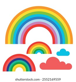 Set of different shapes of rainbows on white background.