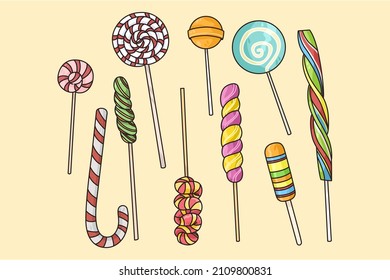 Set of different shapes and sizes caramel on stick. Collection of sugar candies or lollipops. Candy shop or store advertising. Sweet box or bar. Flat vector illustration. 