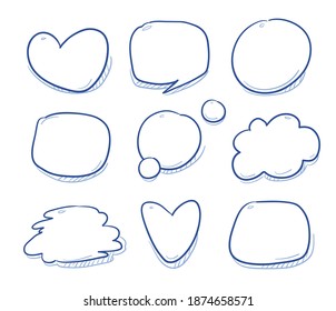 Set of different shapes and sizes of speech bubbles, round, cloud, heart, square.  Hand drawn cartoon doodle vector illustration.