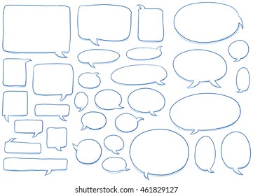 Set of different shapes and sizes of speech bubbles, round, oval, square.  Hand drawn cartoon doodle vector illustration.