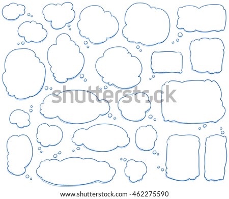 Set of different shapes and sizes of thought bubbles, round, oval, square. Hand drawn cartoon doodle vector illustration.