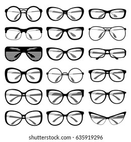 Set of different shapes of spectacle frames. Men and women sunglasses, eyeglasses frames for vision care. Vector