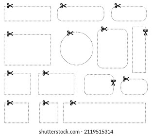 Ensemble de formes différentes de carré, rectangle avec lignes de coupe. Ouvrez des ciseaux pour couper un coupon de réduction.Image vectorielle.