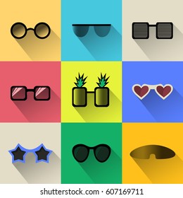 Set of different shapes sunglasses simple icons with long shadows. Modern flat design sunglasses in stylish colors. Web site page and mobile app design element. Vector sunglasses illustration