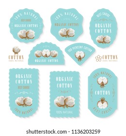 Set of different shapes of tags with photo realistic cotton balls on a light cyan background and text hundred percent natural organic cotton and best choice. Perfect for business labels, price textile