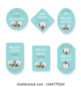 Set of different shapes of tags with photo realistic cotton balls on a light cyan background and text hundred percent natural organic cotton and best choice. Perfect for business labels, price textile