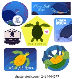 Set of different shapes with turtles and texts flat style, vector illustration isolated on white background. Decorative design elements collection, logo templates, environment protection