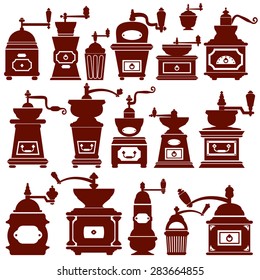 Set with different shapes vintage coffee mills silhouettes. Elements for cafe or restaurant menu design.