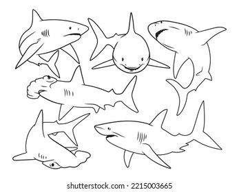 Set of different sharks. Collection of swimming marine predatory fish. Marine animals. Vector illustration of fish white background. Fish for logotype. Tattoo.