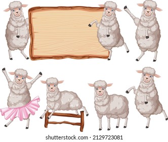 Set of different sheeps in cartoon style illustration