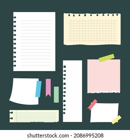 Set of Different sheets of note papers and color paper on green background.