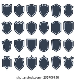 Set of different shield shapes icons, borders, frames, labels, badges. Vector illustration