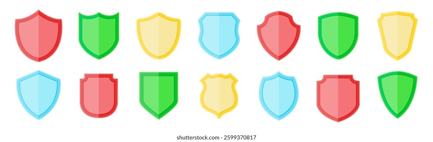 Set different shields icons, protect signs isolated on transparent. Badge quality symbol, sign, logo or emblem.