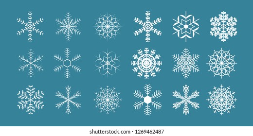 Set of different shining snowflakes icon on a blue background. Vector illustration. Eps 10.