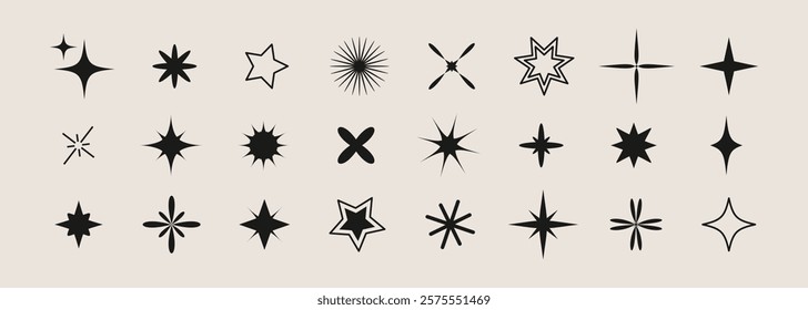 Set of different shining stars icon, glowing light effect, decorative twinkle forms, abstract sparkling flash elements. Y2k vector abstract shapes for design, posters, banners, cards