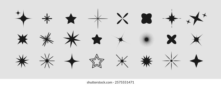 Set of different shining stars icon, glowing light effect, decorative twinkle forms, abstract sparkling flash elements. Y2k vector abstract shapes for design, posters, banners and cards