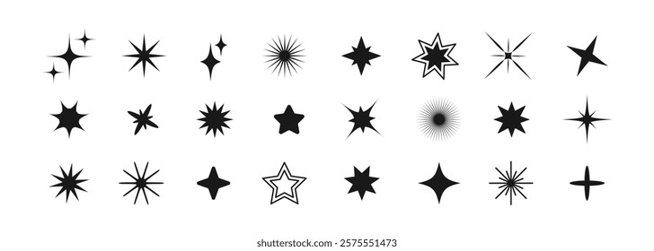 Set of different shining stars icon, glowing light effect, decorative twinkle forms, abstract sparkling flash elements. Y2k vector abstract shapes for design, posters, banners, logo, cards