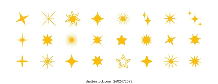 Set of different shining stars icon, glowing light effect, decorative twinkle forms, abstract sparkling flash elements. Y2k vector abstract shapes for design, posters, banners, logo, cards