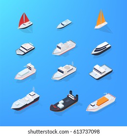 Set of different ship, motorboat, sailing, yacht, passenger, merchant, vessel. Colorful isometric illustration collection.