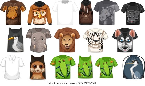 Set of different shirts and accessories with animal patterns illustration