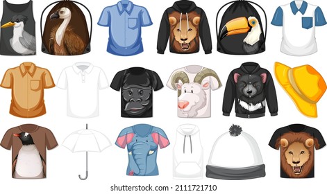 Set of different shirts and accessories with animal patterns illustration