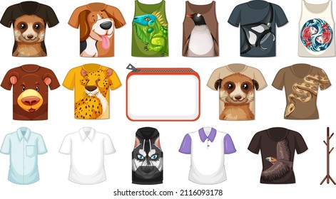 Set of different shirts and accessories with animal patterns illustration