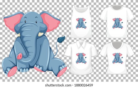 Conjunto de diferentes camisas con elefante personaje de caricatura aislado en una ilustración de fondo transparente