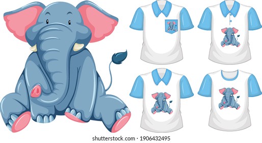 Set of different shirts with elephant cartoon character isolated on white background illustration