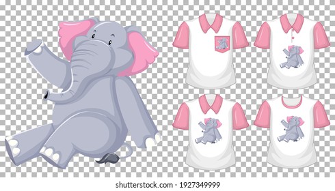 Set of different shirts with elephant cartoon character isolated on transparent background illustration