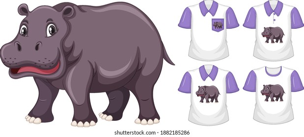 Set of different shirts with hippopotamus cartoon character isolated on white background illustration