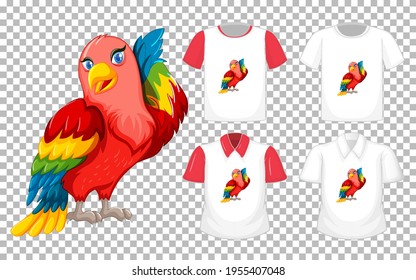 Set of different shirts with parrot bird cartoon character isolated on transparent background illustration