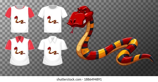 Set of different shirts with snake cartoon character isolated on transparent background illustration