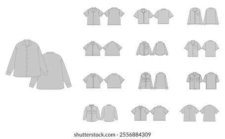 Set of Different Shirts Template - Technical Flat Drawing of Basic Shirts Dress Shirt Plaid Shirt Design - Button-Down Shirt Technical Illustration - Shirt Vector Front and Back Views, Men Women