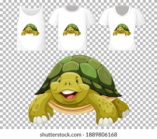 Set of different shirts with turtle cartoon character isolated on transparent background illustration