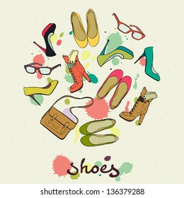 Set of different shoes in circle. Round shape made of high heel shoes, boots, flat shoes, glasses and bag. Hand drawn vector illustration.