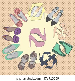 Set of different shoes in circle.  Round shape made of high heel shoes, flat shoes and sneakers. Vector illustration of woman shoes. Spring fashion collection.