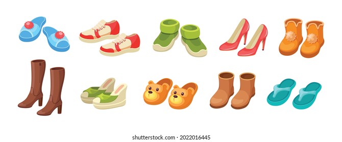 Set different shoes. Female male childish footwear for activity walking outdoor, domestic, beach recreation, warming or doing sports. Footgear pairs, house slippers, sneakers, sandals, cartoon vector