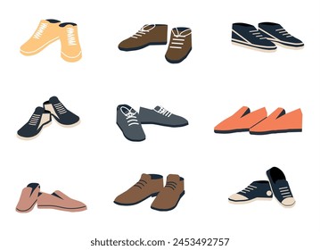 Set of Different Shoes Isolated. Boots, Sneakers, Topsider. Men and Woman Footwear Collection. Different Male and Female Shoes, Side View. Cartoon Flat Vector Illustration