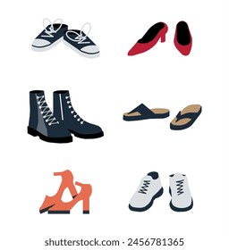 Set of Different Shoes Isolated. Boots, Sneakers, Topsider, High Heel, Flip Flops. Woman Footwear Collection. Different Female Shoes, Side View. Cartoon Flat Vector Illustration