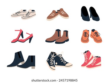 Set of Different Shoes Isolated. Boots, Sneakers, Topsider, High Heel, Flip Flops. Woman Footwear Collection. Different Female Shoes, Side View. Cartoon Flat Vector Illustration