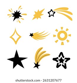Set of different shooting stars, heart, circle and sun with beautiful tails original artwork. Hand drawn star for your design illustration