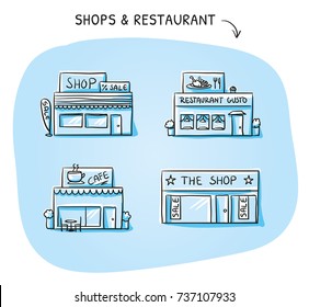 Set of different shop and restaurant buildings, cafe, store on blue background. Hand drawn cartoon sketch vector illustration, marker style coloring. 