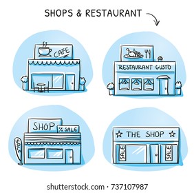 Set of different shop and restaurant buildings, cafe, store. Hand drawn cartoon sketch vector illustration, marker style coloring. 