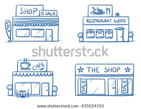 Set of different shop and restaurant buildings, cafe, store. Hand drawn cartoon vector illustration.