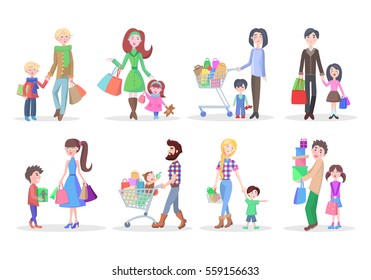 Set of different shopping people with package and carts on white background. Vector illustration of men women children buying things in supermarkets. Showing various purchases from shop departments