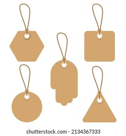 Set of different shopping tags on drawstring. Paper price tags and labels 