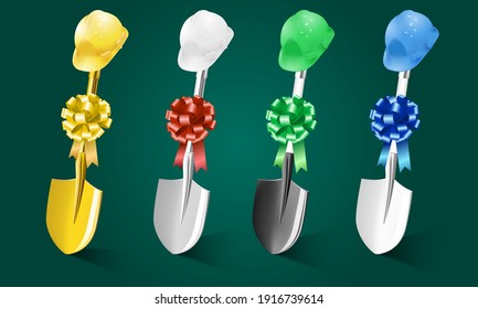 Set Of Different Shovels And Helmets With Different Colored Ribbon Bows For Groundbreaking Advertising Concept Vector Illustration